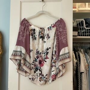 White House Black Market Floral Off-Shoulder Blouse - Purple and White